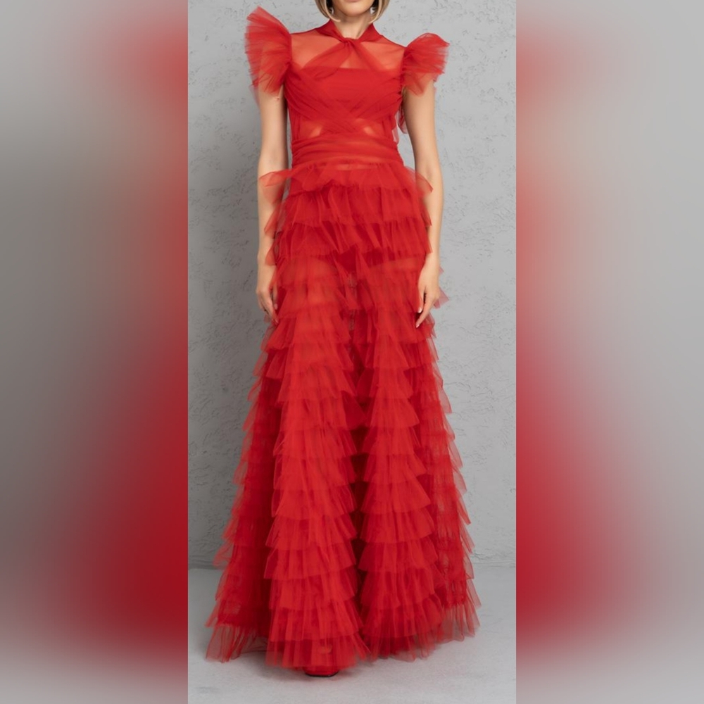 Kikirki Elegant Red Tiered Tulle Transparent Long Dress